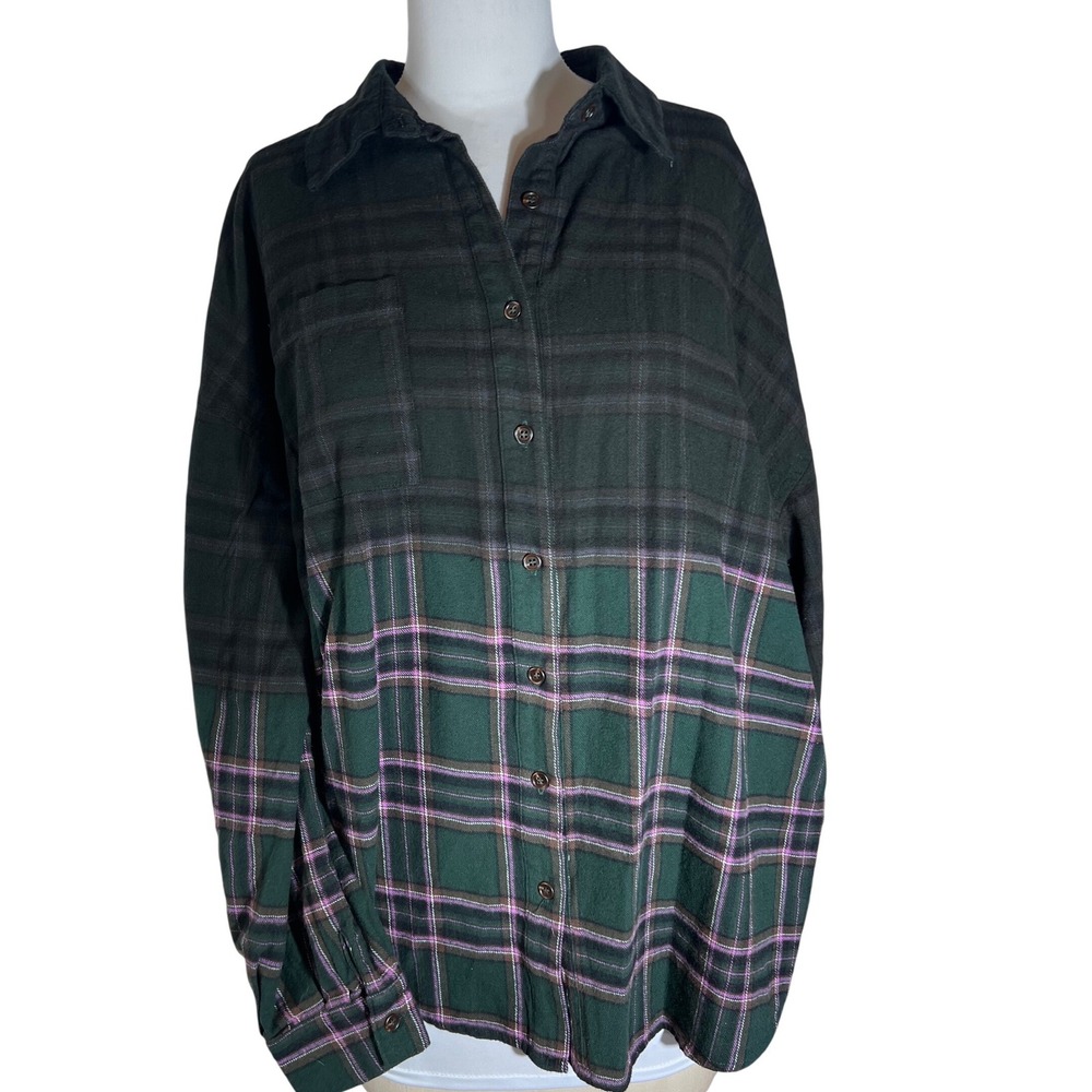 Fashion Nova NWT womens 2XL Plaid Flannel Shirt Green Purple Ombre Dip Dye NWT